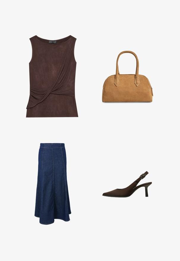 Brown leather cropped jacket with a notched collar, three buttons, and two front pockets. Smooth texture with a structured shape.; Brown sleeveless top in lightweight fabric featuring a draped design and side accent, with a round neckline and subtle texture.; Denim skirt with a fitted waistband, flared cut, and visible stitching details. Dark blue color with a smooth texture and side slits.; Brown suede slingback pump with a pointed toe, sleek design, thin heel, and a buckle accent on the ankle strap.; Tan suede handbag with a structured shape, featuring two handled, triangular cutouts, and a zip fastening along the top for closure.