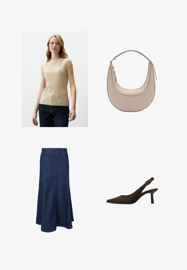 Braune Leder-Cropped-Jacke mit Spitzkragen, drei Knöpfen und zwei vorderen Taschen. Glatte Textur mit strukturierter Form.; Beige ärmelloses Oberteil mit vertikalen Falten, hohem Hals und glatter Textur, kombiniert mit dunkelblauen Jeans.; Jeansrock mit einem taillierten Bund, ausgestelltem Schnitt und sichtbaren Steppnähten. Dunkelblaue Farbe mit glatter Textur und seitlichen Schlitzen.; Braun Wildleder Slingback-Pumps mit spitzem Zeh, schlankem Design, dünnem Absatz und einer Schnallenakzent auf dem Knöchelriemen.; Beige Leder Schultertasche in Halbmondform, mit glatter Oberfläche und einem geschwungenen Henkel. Verfügt über einen Reißverschluss und saubere Nähte.