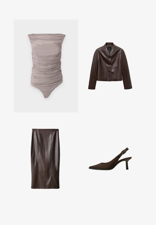 Jachetă scurtă din piele de culoare maron, cu guler cu vârfuri, trei nasturi și două buzunare frontale. Textură netedă, cu o formă structurată.; Costum de baie întreg, cu plisuri, în material moale de taupe. Dispune de un design fără mâneci și o croială care pune în valoare silueta, cu o tăietură înaltă a piciorului și o textură netedă.; Fustă tip creion din piele maro, cu o textură netedă, până la genunchi, având cusături verticale pentru design. Fără accesorii sau detalii suplimentare.; Pantofi slingback din suede maroniu, cu vârf ascuțit, design elegant, toc subțire și un accent cu cataramă pe curea.