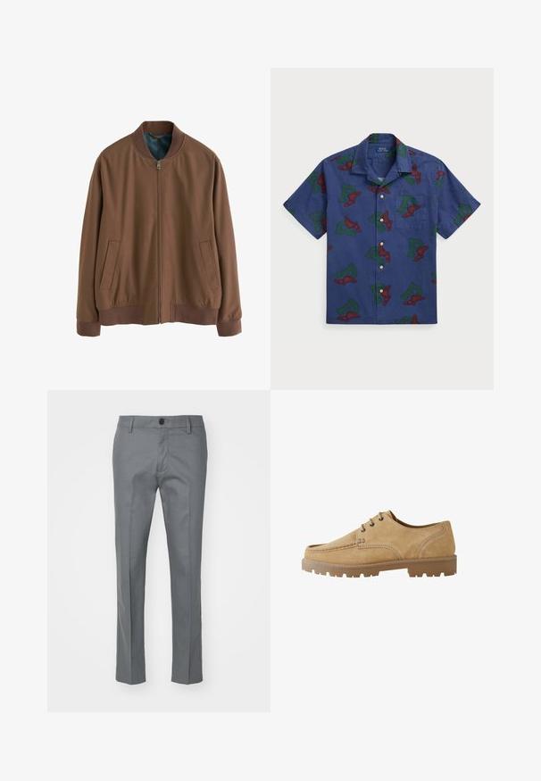 Brūns bumbiera jaka, izgatavota no mīksta auduma, ar rāvējslēdzēja priekšu, ribinātiem piedurkņu galiem un divām sānu kabatām. Iekšpusei ir kontrastējoša zila odere.; Kratās piedurknēs pogājama krekla zils kokvilnas, ar atkārtotu sarkanu un zaļu spārnoto "P" grafiku un krūšu kabatu.; Pelēki bikses no gludas auduma, ar taisnā kāju dizainu, vienu priekšējo pogu un smalkiem sānu kabatām funkcionālitātei.; Gaišas zamša šņorējamās kurpes ar noapaļotu pirkstu, kontrastējošām šuvēm un biezu gumijas zoli ar izteiktu rakstu labākai saķerei.