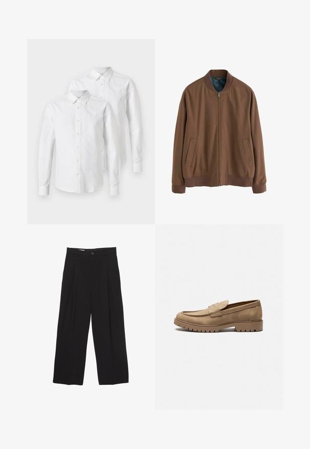 Brun bomberjacka gjord av mjukt material med dragkedja fram, ribbade muddars och två sidfickor. Insidan har ett kontrasterande blått foder.; Två långärmade, vita skjortor i bomull, med knäppning fram, spetsig krage och raka manschetter. Slät textur, inga mönster.; Svarta vida byxor tillverkade av mjukt tyg, med platt midjeband, framfåll och en enkel knappstängning.; Tan mockaskinn loafers med rund tå, platt gummisula och dekorativ sömnad på ovansidan. Har en slip-on-design utan snörning.