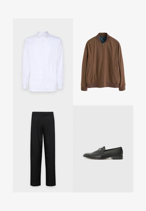 Brūns bumbiera jaka, izgatavota no mīksta auduma, ar rāvējslēdzēja priekšu, ribinātiem piedurkņu galiem un divām sānu kabatām. Iekšpusei ir kontrastējoša zila odere.; Balta garām piedurknēm pogārā krekls, izgatavots no gludas kokvilnas, ar norādītu apkakli un sešām pogām priekšpusē, kuram ir standarta aproces.; Melnas bikses, izgatavotas no gludas auduma, ar taisnu kāju dizainu, divām priekšējām krokām un standarta jostu, kurai ir āķi.; Melna ādas loafer izmēra apavi ar gludu virsmu, piedāvā ar šūtu dizainu un dekoratīvu metāla ķēdes akcentu pār vampu. Plakana papēža daļa.