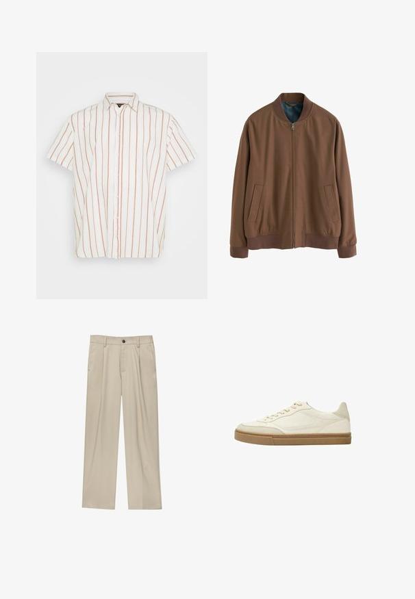 Ruskea pommikoneen takki, joka on valmistettu pehmeästä kankaasta, vetoketjukiinnityksellä, ribatulla hihalla ja kahdella sivutaskulla. Sisäpuolella on kontrastoiva sininen vuoritus.; Lyhyttakkinen, napitettavissa oleva paita valkoisesta kankaasta, jossa on kapeita pystysuoria punaisia raitoja. Klassinen kaulus ja suora helmakuvio.; Beige-housut suoran leikkauksen omaavina, joissa on yksi musta nappi, vyölenkit ja sivutaskut. Sileä kangas ja minimalisti muotoilu.; Valkoinen nahkainen matalan varren tenniskenkä, jossa on beige korostuksia ja teksturoitu kumipohja. Ominaisuuksiin kuuluu sävyttämätön ompelu ja pyöristetty nenämuoto.