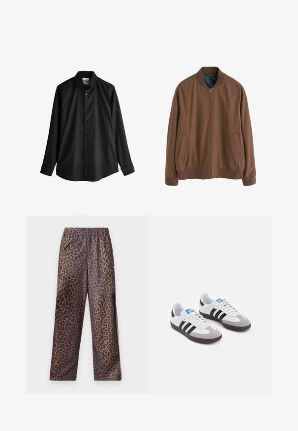 Brūns bumbiera jaka, izgatavota no mīksta auduma, ar rāvējslēdzēja priekšu, ribinātiem piedurkņu galiem un divām sānu kabatām. Iekšpusei ir kontrastējoša zila odere.; Melna gara piedurkne pogu krekls ar strukturētu apkakli, kas izceļas ar gludu, glītu tekstūru un sešām saskaņotām pogām frontē.; Lāču raksta bikses ar elastīgu jostasvietu. Izgatavotas no spīdīga auduma, kurām ir brūna pamatne ar melniem plankumiem un brīvu piegriezumu.; Sporta apavi ar balto ādas virsu, pelēku zamšādas purngalu un trim melnām svītrām. Iezīmē zilu logotipu uz mēles un teksturētu gumijas zoli.