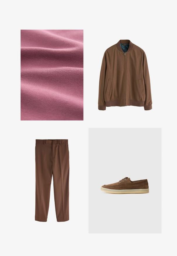 Pruun bomber-jakk pehmest kangast, millel on lukk ees, ribakäised ja kaks küljetaskut. Siseosa on kontrastse sinise voodriga.; Hele roosa tekstuuriga kangas peenikese kudumisega, millel on pehmed, lainelised voldid ja sile pind.; Pruunistatud püksid, millel on sile tekstuur, sirge sääre disain, vöökohaga silmad ja üks esine voldik. Nähtavaid taskuid ega aktsente pole.; Pruunid nahast kingad, madala profiiliga, nööbitava disainiga, kummist tallaga ja kontrastsete õmblustega. Lihtne ja funktsionaalne stiil.