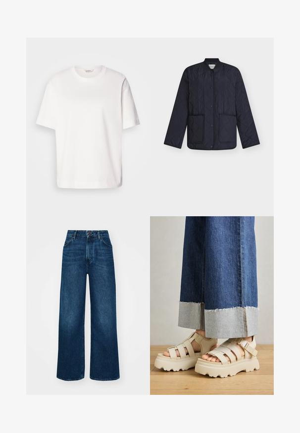 Casaco matelassê azul-marinho com padrão em forma de diamante, gola canelada, botões de pressão e dois bolsos frontais. Tecido leve com textura suave.; T-shirt de algodão branco com mangas curtas, decote redondo, corte solto e textura suave; sem padrões ou hardware visível.; Jeans de cintura alta e pernas largas em denim azul escuro com uma textura suave, costuras em contraste e design de cinco bolsos. Fecho frontal com botão.; Sandálias de plataforma bege com solas grossas apresentam um design de tiras e correias ajustáveis ao tornozelo. Usadas com calças de ganga de perna larga, uma bainha está desfiada.