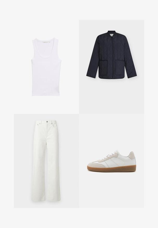 Marineblaue gesteppte Jacke mit Rautenmuster, geripptem Kragen, Druckknöpfen und zwei Fronttaschen. Leichter Stoff mit glatter Textur.; Weißes Baumwoll-Top ohne Ärmel mit Rundhalsausschnitt. Hat eine figurbetonte Silhouette und eine glatte Textur. Keine Muster oder Verzierungen.; Samsøe Samsøe SHELLY - Jeans Relaxed Fit - clear cream; Weiße Leder-Sneaker mit beige Suede-Akzenten, strukturiertem Zungenbereich und Gummisohle. Verfügt über weiße Schnürsenkel und dezente eingestickte Details.