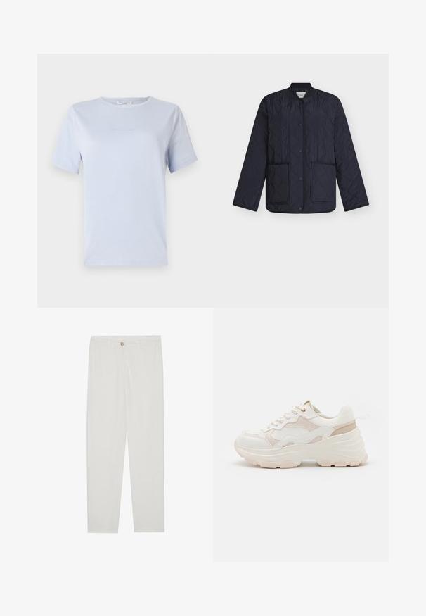 Marineblå quiltet jakke med diamantmønster, ribbet krage, trykknapper og to frontlommer. Lettvektstoff med en glatt tekstur.; Lyseblå kortermet t-skjorte laget av mykt stoff, med rund hals og subtil logotrykk. Enkelt design, avslappet passform.; Hvite, skreddersydde bukser med rette ben, med knapplukking, beltehemper og sidelommer; glatt tekstur.; Hvit og lys rosa sneakers med en kraftig såle, teksturert stoff, glatte lærdetaljer og dekorative sømdetaljer.