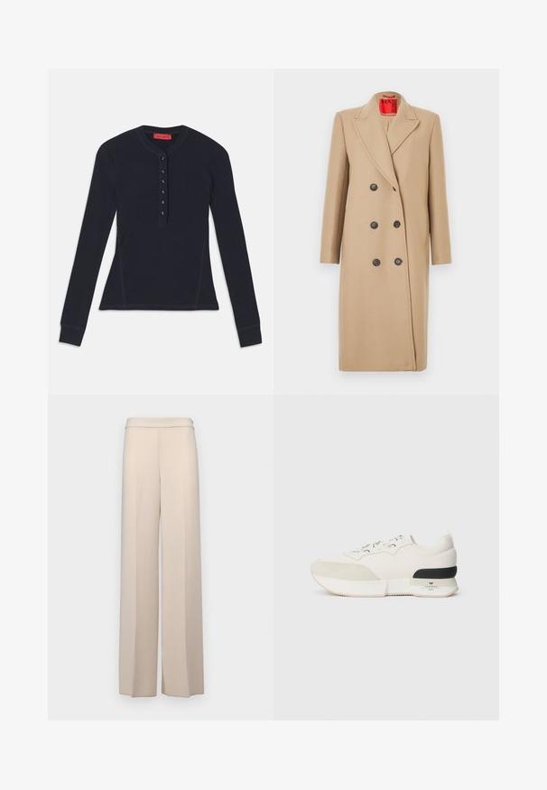 Dvoredni bež plašč z ovratnikom, izdelan iz tkanine. Ponaša se s črnimi gumbi in gladko teksturo. Notranjost je podložena z svetlo rdečo barvo.; Dolga majica henley temno modre barve iz mehke tkanine, z gumbasto zapenjanjem s šestimi gumbi in rebrastimi manšetami.; Bež hlače širokih nogavic iz gladkega materiala, z visokim pasom in diskretnimi sprednjimi gubami. Brez žepov ali vidnih kovinskih detajlov.; Bela športna obutev z teksturiranim nubukom na vrhu prstov, gladkim mrežastim zgornjim delom, okrasnimi vezalkami in črnim gumijastim poudarkom na peti.