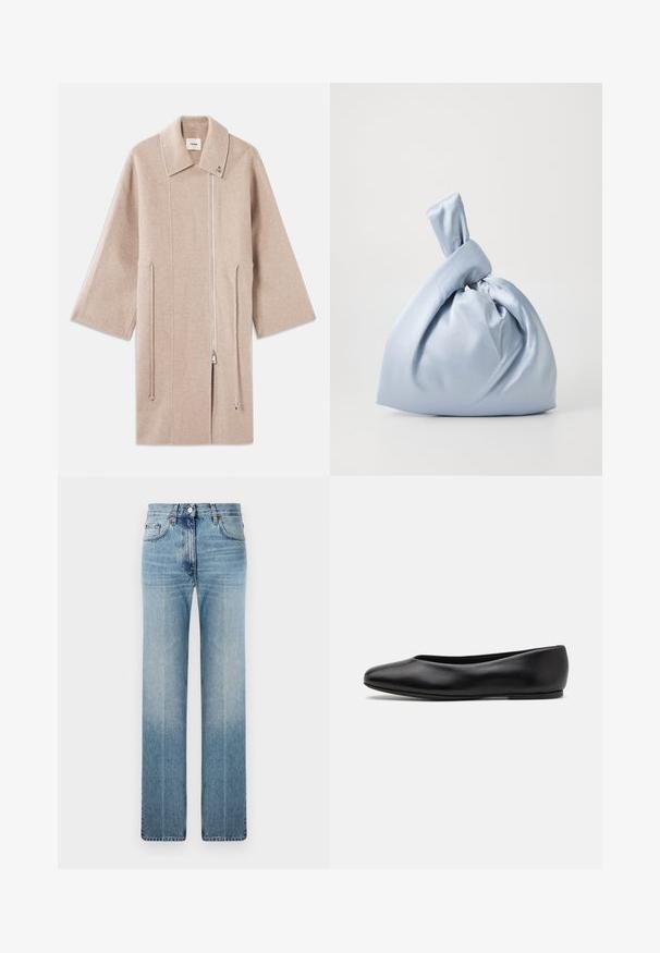 Abrigo de mezcla de lana color beige con cuello alto, cierre frontal de cremallera, bolsillos laterales y mangas anchas; textura suave y diseño minimalista.; Jersey corto de punto acanalado beige con mangas largas, cuello redondo y costuras decorativas a lo largo de las costuras de las mangas.; Jeans de pierna recta azul claro, hechos de denim, con un ligero desvanecimiento, diseño clásico de cinco bolsillos y cierre de botón de metal en la cintura.; Paul Smith TOPANGA - Bailarinas - black; Nanushka JEN - Bolso de mano - ice blue