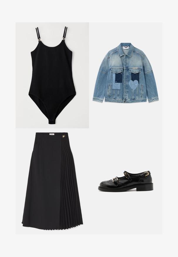 Helle blaue Jeansjacke mit Patchwork-Designs, darunter rechteckige und herzförmige Patches, aufgesetzte Vordertaschen und eine Knopfverschluss.; Schwarzer Badeanzug mit taillierter Passform, ausgestattet mit verstellbaren Trägern und silbernen Hardware-Details an den Schultern. Glattes, strukturiertes Material.; Schwarze Midirock mit Plissee-Design auf einer Seite, aus leichtem Stoff gefertigt, mit unsichtbarem Reißverschluss und Seitentaschen.; Schwarze Lederschuhe mit Broguedetails, ausgestattet mit zwei Schnallenriemen, einer abgerundeten Zehenpartie und einem flachen Absatz. Glatte Textur mit glänzendem Finish.