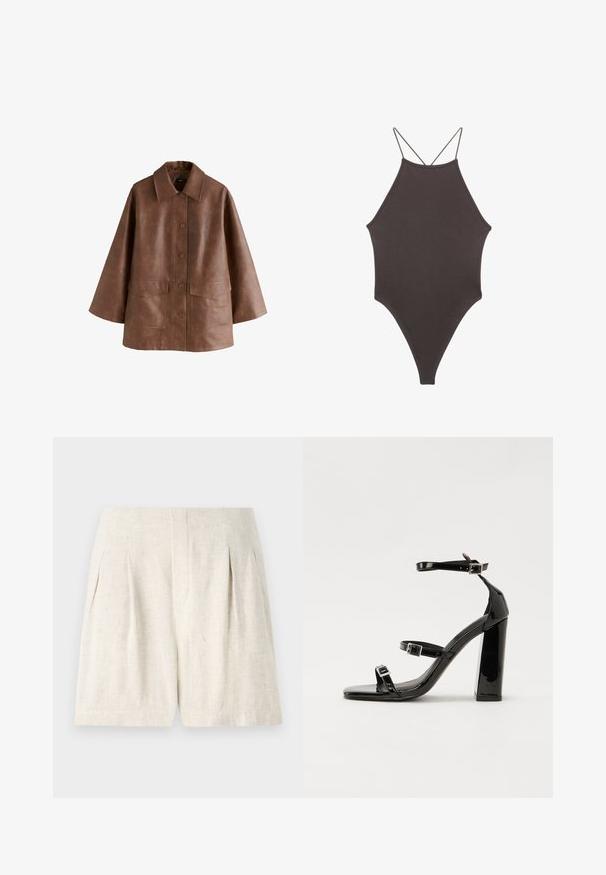 Ruskea tekonahasta tehty ylipitkä takki, jossa on leveät hihat, suuri kaulus, edessä napit ja kaksi etureunassa olevaa läppätaskua.; Ruskea, korkeakauluksinen yksiosainen uimapuku, jossa on ohuet, säädettävät hihnat; siinä on korkea lahje ja sileä tekstuuri. Ei kuvioita tai koristeita.; Vaaleanbeiget pellavashortsit, joissa on räätälöity muotoilu, varustettuna laskoksilla ja siistillä, suoralla leikkauksella. Sileä rakenne, ei näkyvää metalliosaa tai koristeita.; Musta kiiltävä korkokenkä sandaalit neliönmuotoisella varpaalla, nilkkaremmillä ja hopeisilla soljilla. Varustettu tukevalla lohkokorkealla vakauden takaamiseksi.