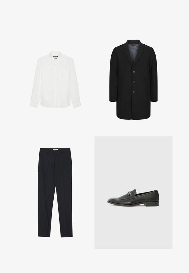 Palton negru cu un design ajustat, având un guler în formă de U, închidere frontală cu cinci butoane și două buzunare frontale. Textură de țesătură netedă.; Cămașă albă cu mânecă lungă din in, cu guler cu nasturi, buzunar frontal și închidere cu nasturi pe față. Material texturat.; Pantaloni negri, croiți pe măsură, cu față plată, cu o tăietură obișnuită, dintr-un material neted, având plii presate și buzunare laterale.; Pantofii negri din piele cu un finisaj neted, având un design cusut și un accent decorativ de lanț metalic peste partea de sus. Toc plat.