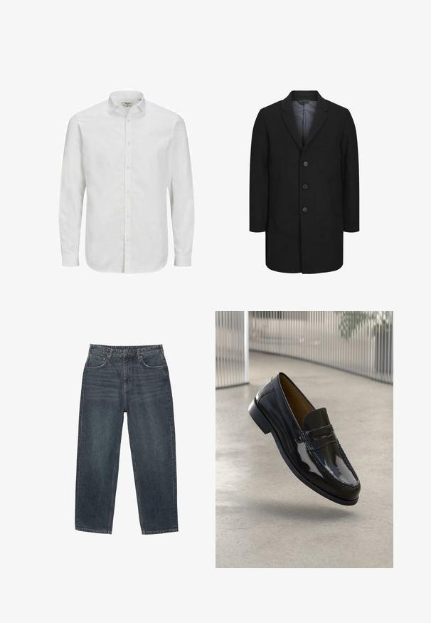 Sort frakke med skræddersyet design, udstyret med reverskrave, fem-knap frontlukning og to frontlommer. Glat stoftekstur.; Hvid, langærmet skjorte med knaplukning lavet af bomuld, med klassisk krave, lige snit og subtil struktur. Standard knaplukning.; Mørkeblå denimjeans med lige ben, fem lommer, bæltestropper og subtilt slid på materialet. Syede forkantdetaljer.; Sorte patentlæder loafer med en syet detalje, rund tå, lav hæl og glat overflade, præsenteret mod en neutral baggrund.