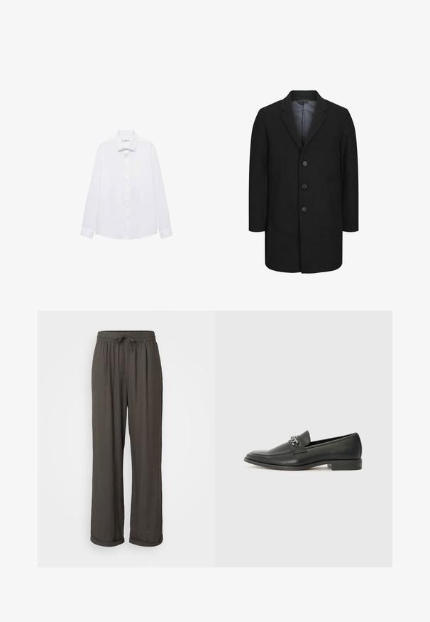 Čierny kabát s prispôsobeným dizajnom, so zárezovým golierom, predným uzáverom na päť gombíkov a dvoma prednými vreckami. Hladká textúra látky.; Mango Košeľa - white; Tmavošedé nohavice s voľným strihom a šnúrkou v páse, vyrobené z mäkkej, textúrovanej tkaniny, s rolovanými manžetami na členkoch.; Čierne kožené loafers s hladkým povrchom, s prešitým dizajnom a dekoratívnym kovovým reťazovým akcentom cez priehlavok. Plochý podpätok.