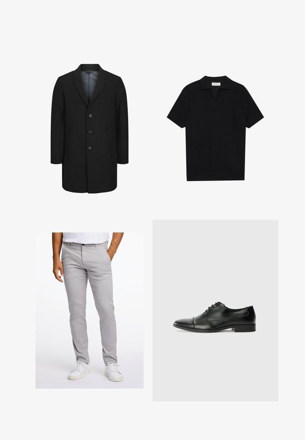 Cappotto nero con un design sartoriale, dotato di colletto a scollo, chiusura frontale con cinque bottoni e due tasche anteriori. Tessuto dalla superficie liscia.; Polo shirt nera a maniche corte in tessuto texturizzato a coste, con scollo a V e orlo dritto. Nessun logo o motivo visibile.; Pantaloni grigi chiari in tessuto morbido, con una vestibilità slim, tasche anteriori e una vita standard con chiusura a bottone. Indossati con sneaker bianche.; Scarpe eleganti in pelle nera con punta affusolata, lacci e dettagli di cucitura sottili. Presentano un tacco a blocco basso e una finitura lucida e liscia.