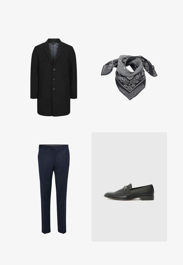 Crni kaput s krojem po mjeri, s reverima, prednjim zatvaranjem na pet dugmadi i dva prednja džepa. Glatka tekstura tkanine.; Dva crna polo majice, kratki rukavi, pamučni materijal, sa klasičnom ovratnikom, čepom sa dva gumba i bijelim prugastim detaljima unutar ovratnika.; Mornarski hlače napravljene od glatkog materijala, s ravnim prednjim dijelom, koso postavljenim džepovima i ravnim krojem. Minimalističke, bez vidljivih uzoraka.; Crna kožna loafer cipela s glatkom finišem, s ušivenim uzorkom i dekorativnim metalnim lancem preko prednjeg dijela. Ravni potplat.; Crno-bijeli šal s uzorkom koji sadrži paisley i geometrijske dizajne, izrađen od lagane, prozračne tkanine s oštrim krajevima.