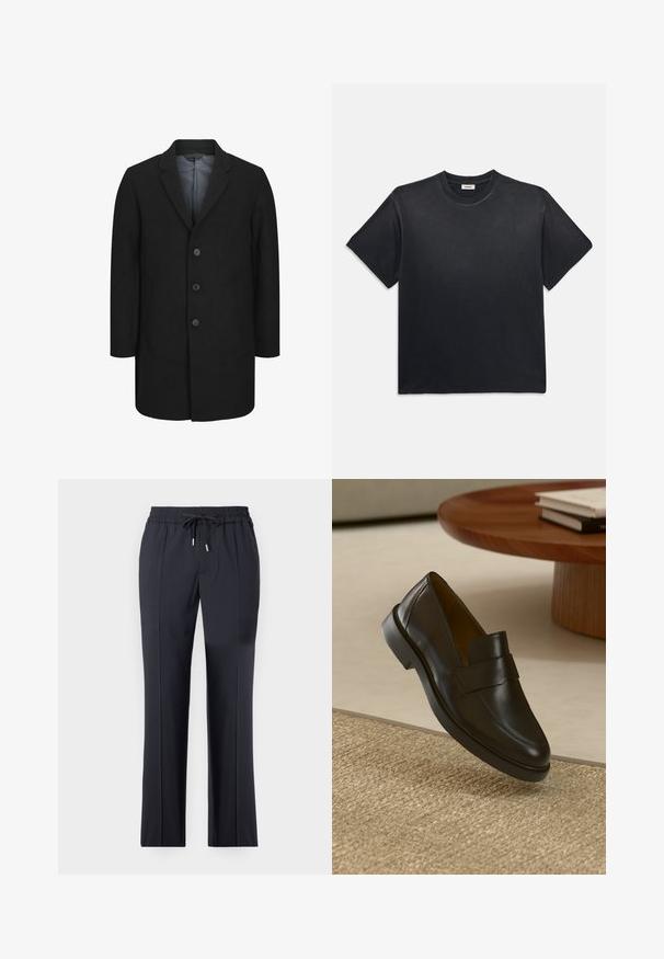 Fekete kabát, amelyet igényes szabás jellemez, fodros gallérral, öt gombos elülső záródással és két elülső zsebbel. Simas textura.; Fekete pamut póló kerek nyakkivágással és rövid ujjakkal. Lazább fazon, sima textúra és minimalista design jellemzi.; Fekete, rugalmas nadrág gumis derékrésszel és zsinórral. Egyenes szabású, oldalsó zsebekkel és sima, puha textúrával.; Fekete bőr mokaszin sima felülettel, lekerekített orral és dekoratív pánttal a felső részen. Alacsony gumitalp, texturált felületen elhelyezve.