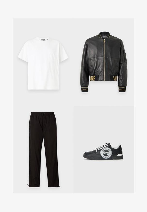 Juodas odinis bomber stilius švarkas su aukso akcentais, užtrauktuko uždarymu, šoninėmis kišenėmis, banguotais rankogaliais ir juosmeniu, kuriame išsiuvinėta "VERSACE" aukso spalva.; Balta medvilnė marškinėliai su apvaliu iškirpimu, trumpomis rankovėmis ir krūtine kišene. Pasižymi "VERSACE JEANS COUTURE" ženklu ant apykaklės.; Juodos lengvos kelnės su elastingu juosmeniu, raišteliu ir užtrauktukais apačioje, kad būtų galima pritaikyti dydį. Lygus, glotnus paviršius.; Juodo odinio sportinio avalynė su baltais akcentais, apvaliu logotipo detalizavimu, perforuota priekiu ir kontrastingu padu. Savybės: balti raišteliai ir prekės ženklas.
