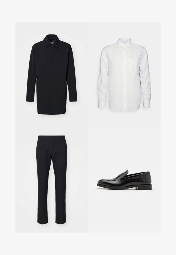 Svart lättviktig jacka med en strukturerad design, knappstängning och långa ärmar. Slät textur och minimalistisk stil utan mönster.; Långärmad vit skjorta gjord av bomull, med krage som knäpps med knappar, framficka och normal passform. Strukturerad tyg med en slät yta.; Marina byxor i skräddarsydd passform, tillverkade av slät tyg. Har en flat front, bälteshällor och raka ben med en ren fåll.; Svarta läderloafers med en slät yta, rund tå och ett dekorativt band över främre delen. Låg staplad klack, minimalistisk design.