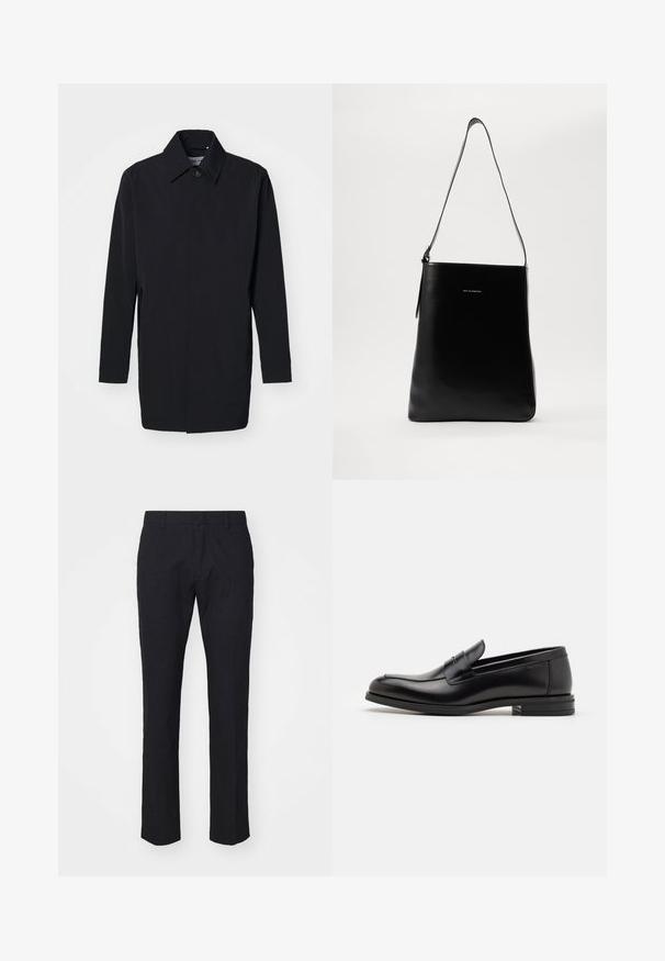 Fekete, könnyű kabát struktúrált dizájnnal, gombos zárral és hosszú ujjakkal. Sima textúra és minimalista stílus, minta nélkül.; Fehér, hosszú ujjú, gombos ing pamutból, mellzsebbel, tónusos hímzéssel, gallérral és gombos mandzsettával.; Sötétkék nadrág, szabott fazonban, sima anyagból készült. Lapostemplomú elülső rész, övhurkokkal és egyenes lábakkal, tiszta szegéssel.; Fekete bőr loaferek sima textúrával, kerek orral és dekoratív pánttal a vampnál. Alacsony, rétegelt sarkú, minimalista dizájn.; Fekete bőrtáska sima textúrával, téglalap alakú, hosszú pánttal; a közepén egy kis fehér logó található.