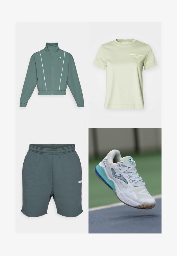 Grön zip-jacka med hög krage, elastisk nederkant och vita sidremsor. Har långa ärmar och en logo på bröstet.; Ljusgrön bomulls t-shirt med rund halsringning och korta ärmar. Har vit tryckt text på framsidan som säger "BJÖRN BORG STOCKHOLM 1956."; Björn Borg STUDIO OVERSIZED SHORTS - Träningsshorts - urban chic; Sportskor i vitt med ljusblå accenter, mesh-överdel, texturerad sula och ett distinkt varumärkeslogotyp. Lätt och ventilerande design.