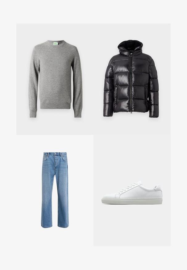 Schwarze Pufferjacke mit glänzender Oberfläche, ausgestattet mit hohem Kragen, Reißverschluss und zwei Seitentaschen; gestepptes Design für Isolierung.; Hellgrauer Rundhalsausschnitt-Pullover mit langen Ärmeln, gerippten Bündchen und Saum, mit einem kleinen "From Future"-Label im Nacken.; Helle blaue Jeans im Geradeschnitt-Design, mit fünf Taschen, Knopfverschluss, minimaler Ausbleichung und kontrastierenden Nähdetails.; Weißer Sneaker mit glattem Lederobermaterial und niedrigem Profil. Verfügt über eine runde Zehenpartie, sechs Ösen und eine strukturierte Gummisohle.