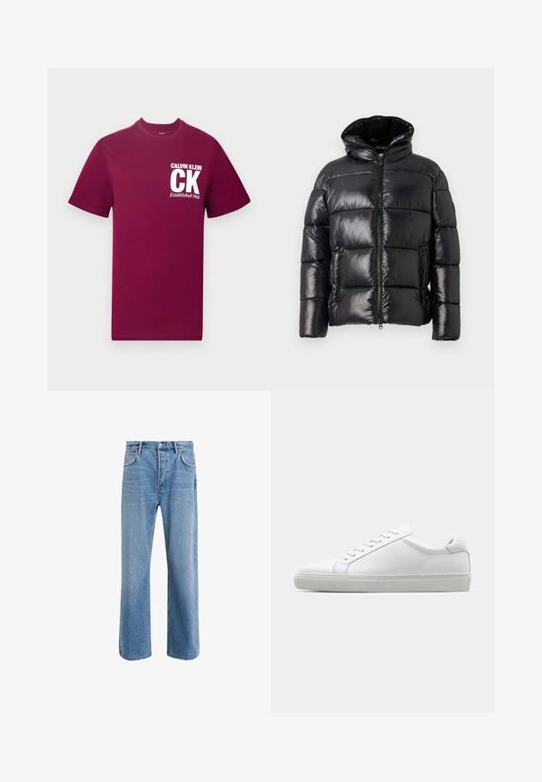 Czarna kurtka puchowa o błyszczącej powierzchni, z wysokim kołnierzem, zapięciem na zamek błyskawiczny oraz dwiema bocznymi kieszeniami; pikowane wzornictwo zapewniające izolację.; Bordowa bawełniana koszulka z okrągłym dekoltem. Na piersi znajduje się biały nadruk z napisem: "CALVIN KLEIN CK Established 1968".; Jasnoniebieskie dżinsy o prostym kroju, pięć kieszeni, zapięcie na guzik, minimalne blaknięcia i kontrastowe wykończenia szwów.; Białe sneakersy z gładką skórzaną cholewką i niskim profilem. Posiadają okrągły nos, sześć dziurek na sznurówki oraz teksturowaną gumową podeszwę.