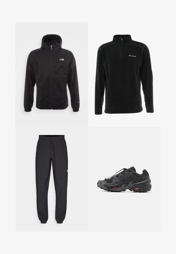 Čierna nepremokavá bunda s plným zipsom, nastaviteľnou kapucňou, elastickými manžetami a logom na hrudi; ľahká, s hladkou textúrou.; Čierny fleecový pulóver s vysokým golierom a zipsom na štvrtinu. Má logo na ľavej hrudi a kontrastné šitie.; Čierne športové nohavice vyrobené z ľahkej tkaniny, s elastickým pásom na šnurovanie, bočnými vreckami a zúženými manžetami na členkoch.; Čierne bežecké topánky so syntetickým zvrškom, textúrovaným dizajnom a kontrastnými červenými akcentmi. Obsahujú zabezpečený systém šnúrovania a robustnú podrážku.