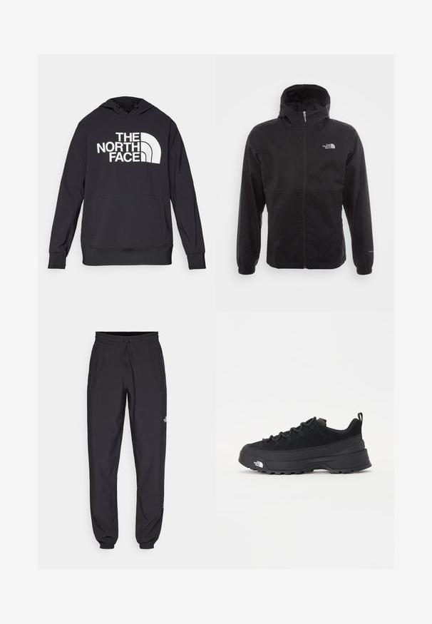 Black waterproof jacket with a full zip, adjustable hood, elastic cuffs, and a logo on the chest; lightweight, smooth texture.; Black hoodie made of soft fabric featuring a large white logo on the front. It has a drawstring hood and a spacious kangaroo pocket.; Black athletic pants made from lightweight fabric, featuring a drawstring waistband, side pockets, and tapered cuffs at the ankles.; Black outdoor sneaker with a suede upper, textured rubber sole, and sturdy lacing system. Features a reinforced heel and brand logo on the side.