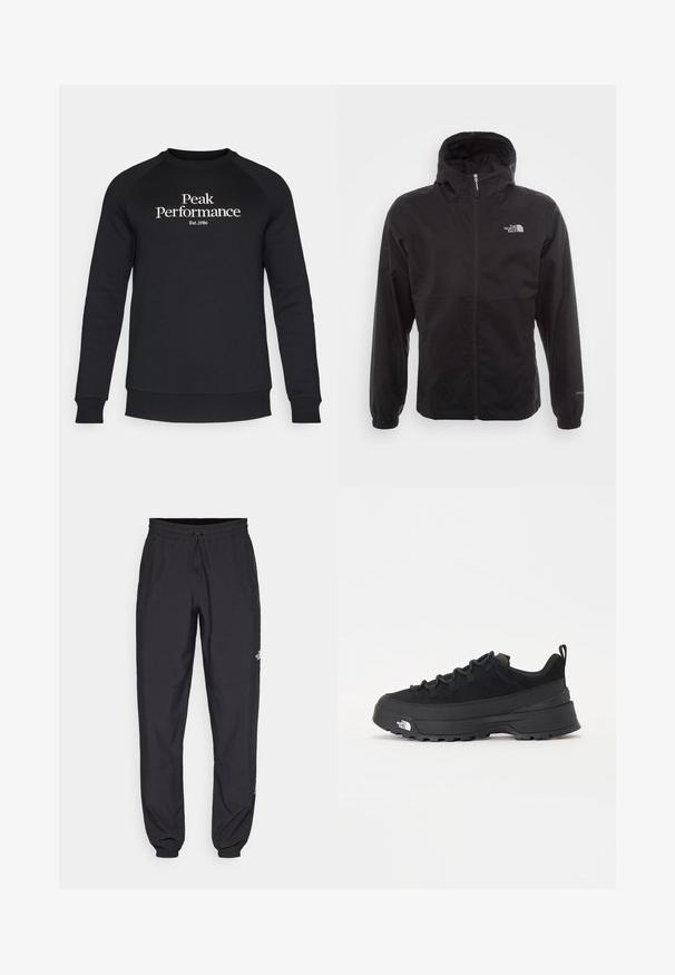 Casaco impermeável preto com fecho completo, capuz ajustável, punhos elásticos e um logótipo no peito; leve, com textura suave.; Peak Performance ORIGINAL CREW-BLACK-OFFWHITE - Camisola - black/offwhite; Calças atléticas pretas feitas de tecido leve, com um cós ajustável por cordão, bolsos laterais e punhos afunilados nos tornozelos.; Sapatilha de exterior preta com parte superior em camurça, sola de borracha texturizada e sistema de atacadores robusto. Apresenta um calcanhar reforçado e o logótipo da marca na lateral.