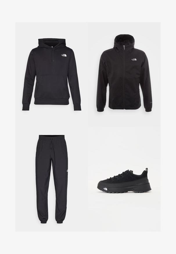 Chaqueta negra impermeable con cremallera completa, capucha ajustable, puños elásticos y un logo en el pecho; ligera, con textura suave.; Sudadera con capucha negra hecha de tela suave, con un bolsillo tipo canguro en la parte delantera, capucha con cordón y un logo blanco en el pecho.; Pantalones deportivos negros hechos de un tejido ligero, con una cinturilla ajustable, bolsillos laterales y puños ajustados en los tobillos.; Zapatilla negra de exterior con parte superior de ante, suela de goma texturizada y un sólido sistema de cordones. Cuenta con un talón reforzado y el logotipo de la marca en el lateral.