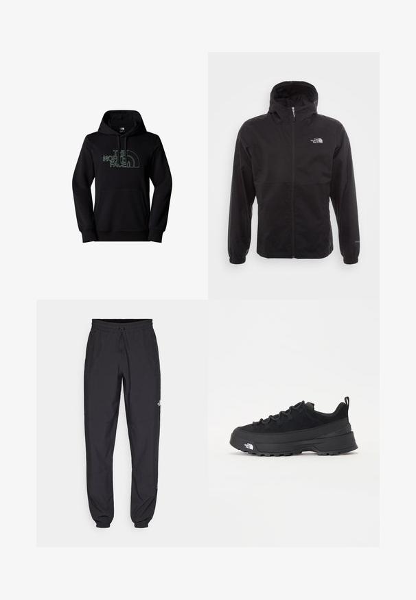 Giacca nera impermeabile con zip completa, cappuccio regolabile, polsini elasticizzati e logo sul petto; leggera, con texture liscia.; Felpa nera in misto cotone, con tasca a marsupio, cappuccio con lacci e testo del logo verde con design curvo sulla parte anteriore.; Pantaloni sportivi neri realizzati in tessuto leggero, con vita regolabile con cordino, tasche laterali e orli affusolati alle caviglie.; Sneaker da esterno nera con parte superiore in suede, suola in gomma testurizzata e robusto sistema di allacciatura. Presenta un tallone rinforzato e il logo del marchio sul lato.