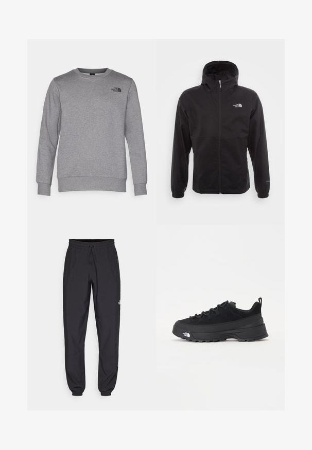 Giacca nera impermeabile con zip completa, cappuccio regolabile, polsini elasticizzati e logo sul petto; leggera, con texture liscia.; Felpa grigia realizzata in morbido cotone, con scollatura a girocollo, maniche lunghe, polsini e orlo a coste, con un logo nero sul petto.; Pantaloni sportivi neri realizzati in tessuto leggero, con vita regolabile con cordino, tasche laterali e orli affusolati alle caviglie.; Sneaker da esterno nera con parte superiore in suede, suola in gomma testurizzata e robusto sistema di allacciatura. Presenta un tallone rinforzato e il logo del marchio sul lato.