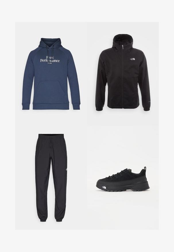 Veste noire imperméable avec une fermeture éclair intégrale, capuche ajustable, poignets élastiques et un logo sur la poitrine ; texture légère et lisse.; Hoodie bleu marine avec une poche kangourou à l'avant, un capuchon avec cordon de serrage, et le texte blanc "Peak Performance". Fabriqué en tissu doux avec des poignets côtelés.; Pantalon de sport noir en tissu léger, avec une taille à cordon, des poches latérales et des chevilles resserrées.; Baskets de plein air noires avec une tige en daim, semelle en caoutchouc texturé et un système de laçage robuste. Comprend un talon renforcé et un logo de la marque sur le côté.