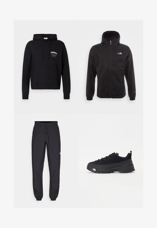 Giacca nera impermeabile con zip completa, cappuccio regolabile, polsini elasticizzati e logo sul petto; leggera, con texture liscia.; Felpa nera con tasca frontale, cappuccio regolabile con cordini e un logo bianco sul petto. Realizzata in morbido tessuto di cotone.; Pantaloni sportivi neri realizzati in tessuto leggero, con vita regolabile con cordino, tasche laterali e orli affusolati alle caviglie.; Sneaker da esterno nera con parte superiore in suede, suola in gomma testurizzata e robusto sistema di allacciatura. Presenta un tallone rinforzato e il logo del marchio sul lato.