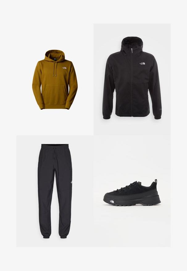 Giacca nera impermeabile con zip completa, cappuccio regolabile, polsini elasticizzati e logo sul petto; leggera, con texture liscia.; The North Face M ESSENTIAL RELAXED HOODIE - Felpa con cappuccio - moss green; Pantaloni sportivi neri realizzati in tessuto leggero, con vita regolabile con cordino, tasche laterali e orli affusolati alle caviglie.; Sneaker da esterno nera con parte superiore in suede, suola in gomma testurizzata e robusto sistema di allacciatura. Presenta un tallone rinforzato e il logo del marchio sul lato.