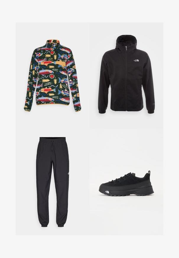 Sort vandtæt jakke med fuld lynlås, justerbar hætte, elastiske manchetter og et logo på brystet; letvægts, glat tekstur.; Langærmet fleece-pullover med farverigt fisk- og tangmønster, trykknapkrave og tan brystlommeflap.; Sorte atletiske bukser lavet af letvægtsstof, med en snor i taljen, sidelommer og tapered manchetter ved anklerne.; Sort udendørs sneakers med overdel i ruskind, tekstureret gummisål og robust snøringssystem. Har en forstærket hæl og logo fra mærket på siden.