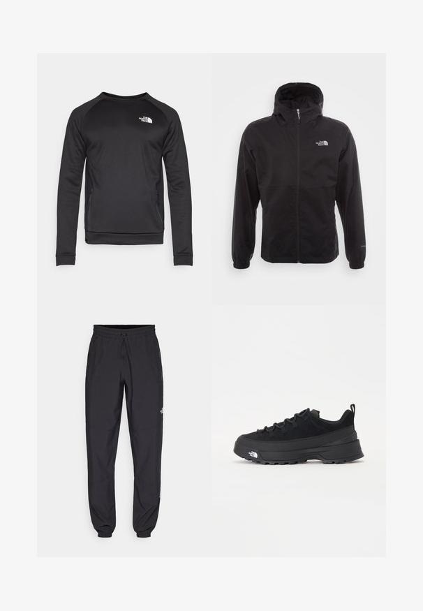 Svart vanntett jakke med full glidelås, justerbar hette, elastiske mansjetter og logo på brystet; lett, glatt tekstur.; Svart langermet hettegenser med rund hals, laget av glatt stoff. Sidelommer i mesh for pusteevne. Har en hvit logo på brystet.; Sorte idrettsbukser laget av lett stoff, med snor i livet, sidelommer og smale mansjetter ved anklene.; Svart utendørs sneakers med overdel i semsket skinn, teksturert gummisåle og solid snøresystem. Har forsterket hæl og merkevarelogo på siden.
