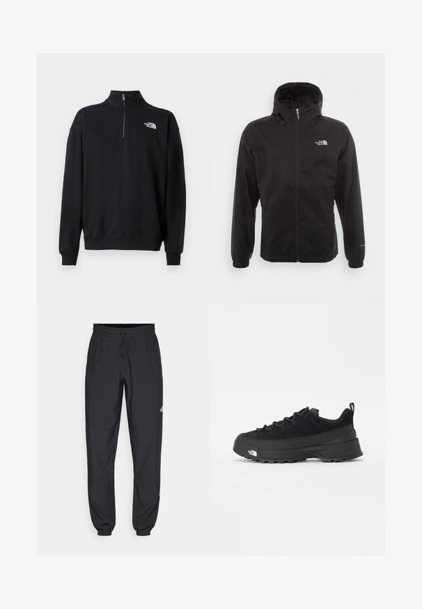Casaco impermeável preto com fecho completo, capuz ajustável, punhos elásticos e um logótipo no peito; leve, com textura suave.; Sweatshirt preto com fecho de meia zip, feito de tecido suave, com colarinho alto, punhos canelados e um logótipo branco no lado esquerdo do peito.; Calças atléticas pretas feitas de tecido leve, com um cós ajustável por cordão, bolsos laterais e punhos afunilados nos tornozelos.; Sapatilha de exterior preta com parte superior em camurça, sola de borracha texturizada e sistema de atacadores robusto. Apresenta um calcanhar reforçado e o logótipo da marca na lateral.