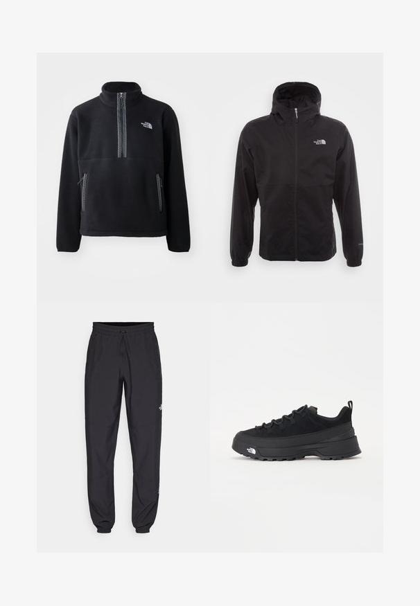 Giacca nera impermeabile con zip completa, cappuccio regolabile, polsini elasticizzati e logo sul petto; leggera, con texture liscia.; Pullover in pile nero a metà zip con colletto alto, dotato di tasca sul petto e due tasche laterali. Il design include un dettaglio della zip a contrasto.; Pantaloni sportivi neri realizzati in tessuto leggero, con vita regolabile con cordino, tasche laterali e orli affusolati alle caviglie.; Sneaker da esterno nera con parte superiore in suede, suola in gomma testurizzata e robusto sistema di allacciatura. Presenta un tallone rinforzato e il logo del marchio sul lato.