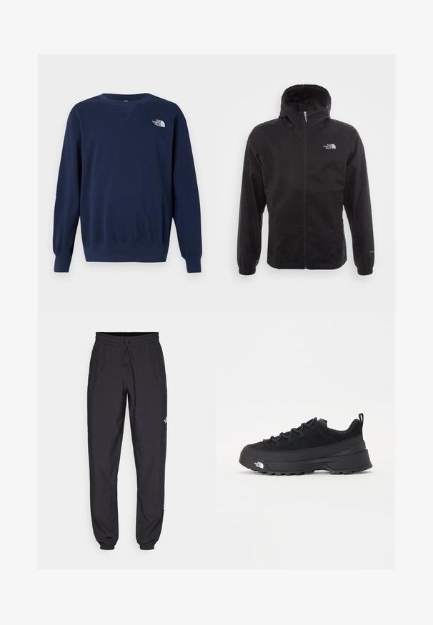 Giacca nera impermeabile con zip completa, cappuccio regolabile, polsini elasticizzati e logo sul petto; leggera, con texture liscia.; Felpa blu navy realizzata in tessuto morbido, con collo tondo, maniche lunghe e un logo bianco sul petto. Texture liscia e design semplice.; Pantaloni sportivi neri realizzati in tessuto leggero, con vita regolabile con cordino, tasche laterali e orli affusolati alle caviglie.; Sneaker da esterno nera con parte superiore in suede, suola in gomma testurizzata e robusto sistema di allacciatura. Presenta un tallone rinforzato e il logo del marchio sul lato.