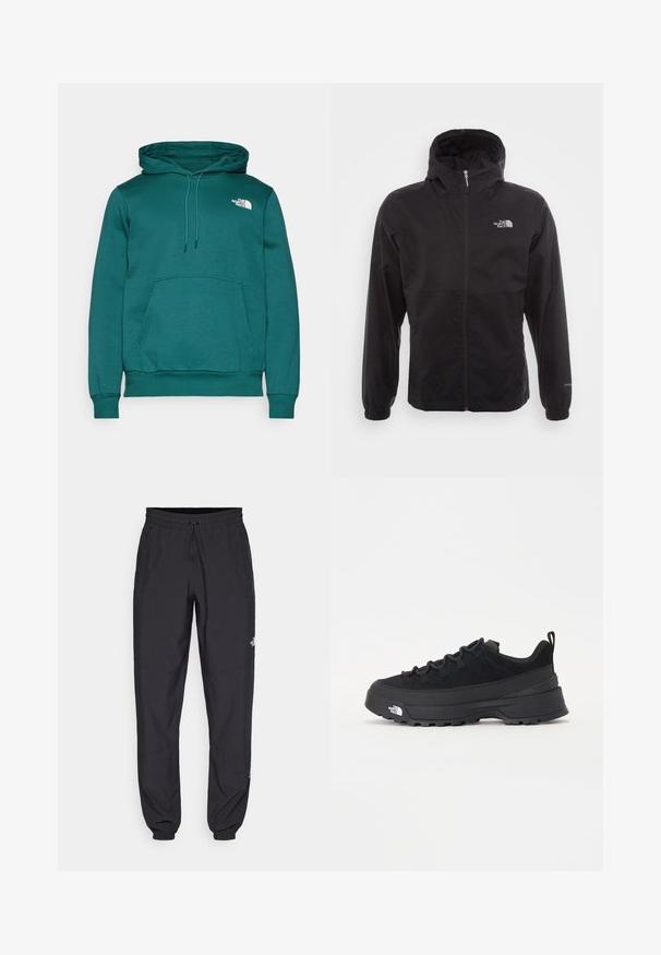 Schwarze wasserdichte Jacke mit durchgehendem Reißverschluss, verstellbarem Kapuzen, elastischen Bündchen und einem Logo auf der Brust; leicht und mit glatter Textur.; Tannengrüner Kapuzenpullover aus Baumwollmischung, mit einer Fronttasche in Form eines Kängurus und einem weißen Logo auf der linken Brust. Verstellbare Zugbänder.; Schwarze Sporthosen aus leichtem Stoff, mit einem Kordelzugbund, seitlichen Taschen und schmal zulaufenden Bündchen an den Knöcheln.; Schwarzer Outdoorsneaker mit einem Obermaterial aus Wildleder, strukturierter Gummisohle und robustem Schnürsystem. Verfügt über eine verstärkte Ferse und das Markenlogo an der Seite.