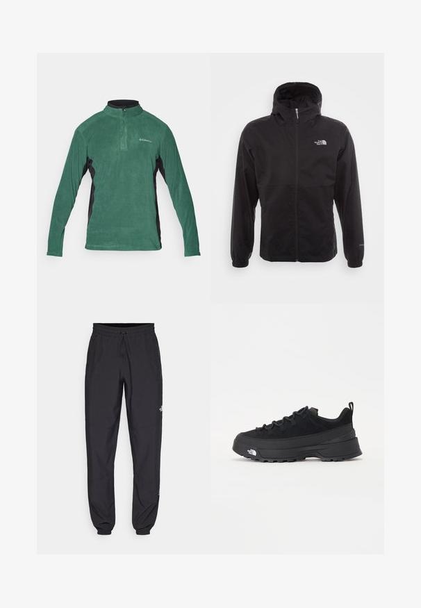 Fekete, vízálló dzseki teljes cipzárral, állítható kapucnival, rugalmas mandzsettákkal és mellkasi logóval; könnyű, sima textúrájú.; Zöld polár pulóver negyed cipzárral, fekete oldalsó panelekkel és hosszú ujjakkal. Simább textúrával rendelkezik, és egy kis logó található a mellkasán.; Fekete sportnadrág, könnyű anyagból készült, húzózsinóros derékkal, oldalsó zsebekkel és szűkített szárakkal a bokáknál.; Fekete kültéri sneaker velúr felsőrésszel, texturált gumitalppal és strapabíró fűzőrendszerrel. Megerősített sarkú és oldalán márkalogóval rendelkezik.
