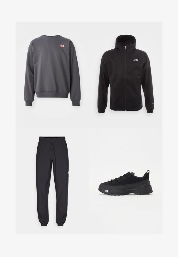 Casaco impermeável preto com fecho completo, capuz ajustável, punhos elásticos e um logótipo no peito; leve, com textura suave.; Sweatshirt cinza feito de uma mistura de algodão, com decote redondo e punhos e barra canelados. Apresenta um pequeno logotipo rosa na parte superior esquerda do peito.; Calças atléticas pretas feitas de tecido leve, com um cós ajustável por cordão, bolsos laterais e punhos afunilados nos tornozelos.; Sapatilha de exterior preta com parte superior em camurça, sola de borracha texturizada e sistema de atacadores robusto. Apresenta um calcanhar reforçado e o logótipo da marca na lateral.