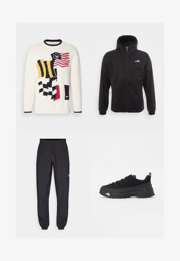 Fekete, vízálló dzseki teljes cipzárral, állítható kapucnival, rugalmas mandzsettákkal és mellkasi logóval; könnyű, sima textúrájú.; Krémszínű kötött pulóver színes zászló mintákkal, beleértve a pirosat, kéket, sárgát és feketét. Kerek, sötétkék bordás nyakkal és mandzsettákkal rendelkezik.; Fekete sportnadrág, könnyű anyagból készült, húzózsinóros derékkal, oldalsó zsebekkel és szűkített szárakkal a bokáknál.; Fekete kültéri sneaker velúr felsőrésszel, texturált gumitalppal és strapabíró fűzőrendszerrel. Megerősített sarkú és oldalán márkalogóval rendelkezik.