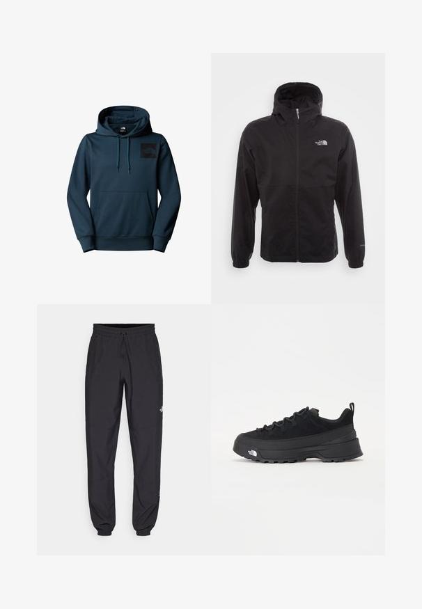 Black waterproof jacket with a full zip, adjustable hood, elastic cuffs, and a logo on the chest; lightweight, smooth texture.; Hooded sweatshirt in dark teal with a front pocket. Features a black logo patch on the chest. Made from a soft, textured fabric.; Black athletic pants made from lightweight fabric, featuring a drawstring waistband, side pockets, and tapered cuffs at the ankles.; Black outdoor sneaker with a suede upper, textured rubber sole, and sturdy lacing system. Features a reinforced heel and brand logo on the side.