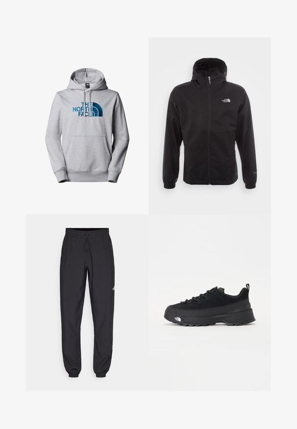 Černá nepromokavá bunda s celopropínacím zipem, nastavitelnou kapucí, elastickými manžetami a logem na hrudi; lehká, hladká textilie.; Šedá mikina z měkkého materiálu s přední kapsou, stahovací kapucí a modrou vyšívanou logem s designem půlkruhu.; Černé sportovní kalhoty vyrobené z lehké tkaniny, s páskem na šňůrku, bočními kapsami a zúženými manžetami na kotnících.; Černé venkovní tenisky s horní částí ze semiše, texturovanou gumovou podrážkou a pevným šněrováním. Obsahují zesílenou patu a logo značky na boku.