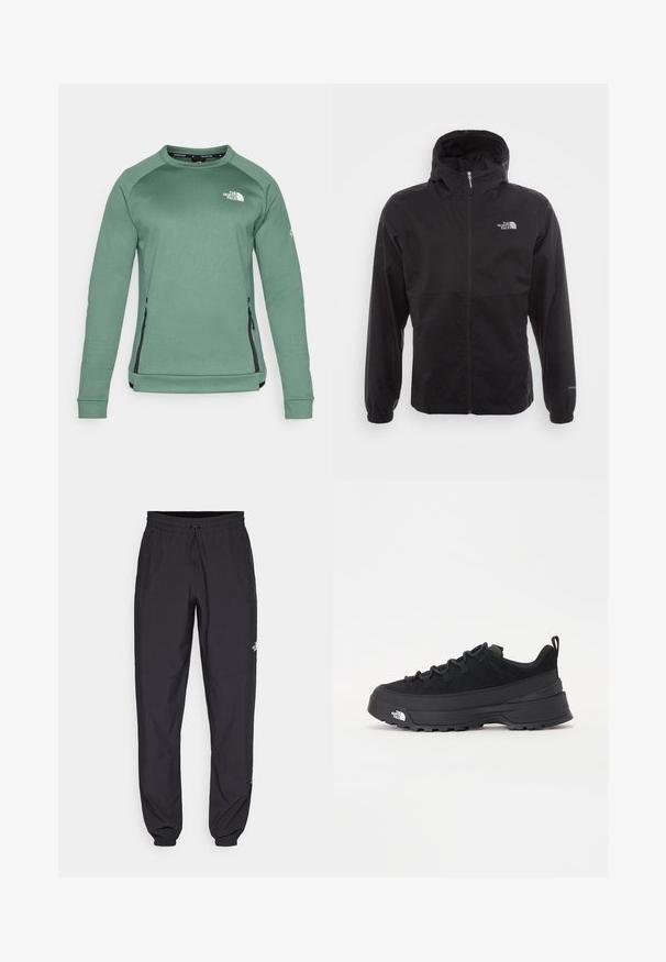 Musta vedenpitävä takki täysihihnalla, säädettävällä huppulla, joustavilla hihansuilla ja logolla rinnassa; kevyt, sileä pinta.; Vihreä fleece-paita pitkillä hihoilla, pyöreällä pääntielle, sivuissa vetoketjulliset taskut ja logotiedot rinnassa. Säilyttää sileän tekstuurin ja on napakka malli.; Mustat urheiluhousut, jotka on valmistettu kevyestä kankaasta. Housuissa on naru vyötäröllä, sivutaskut ja kapenevat hihnat nilkoissa.; Mustamustad välisjalanõud suede ülemise, tekstuuriga kummist tallaga ja tugeva paelaga. Varustatud tugevdatud kanna ja brändi logoga külgedel.