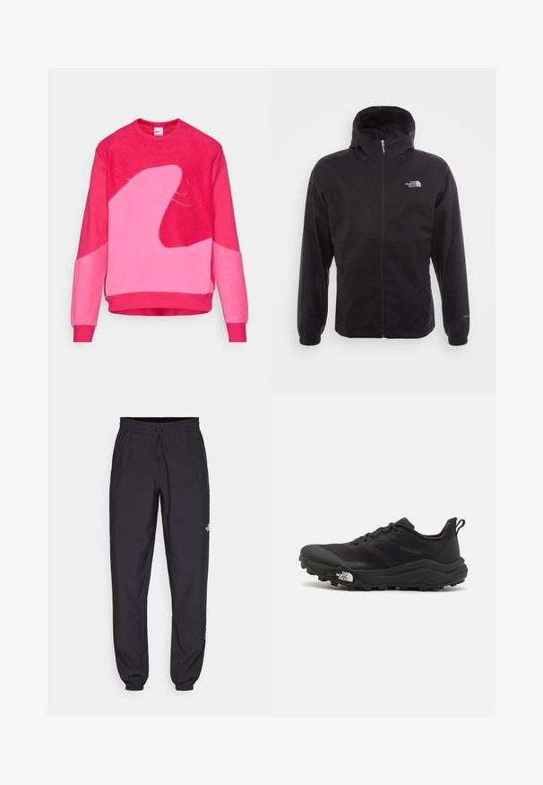 Černá nepromokavá bunda s celopropínacím zipem, nastavitelnou kapucí, elastickými manžetami a logem na hrudi; lehká, hladká textilie.; Mikina z fleecu v živých růžových odstínech, s abstraktními světle růžovými tvary, žebrovanými manžetami a lemem, a kulatým výstřihem.; Černé sportovní kalhoty vyrobené z lehké tkaniny, s páskem na šňůrku, bočními kapsami a zúženými manžetami na kotnících.; Černé trailové běžecké boty s texturovaným svrškem, gumovou podrážkou a vyztuženou špičkou. Obsahují polstrovaný límec a poutko pro snadné obouvání.